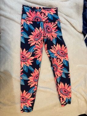 aerie Navy Leggings with Coral Sunflower Print